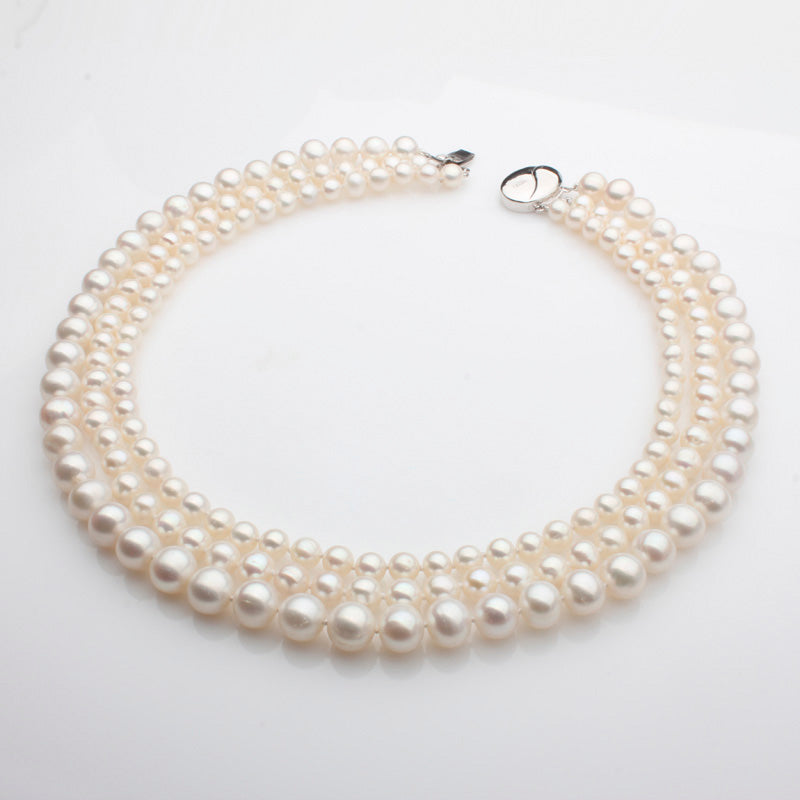 Colier cu 3 rânduri de perle albe în gradient, 6-7-9mm, 42.5cm