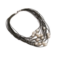 Colier de 15 rânduri de piele denim, 15 perle albe, 11-12mm