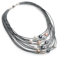 Colier de 15 rânduri de piele gri, 15 perle colarate, 11-12mm