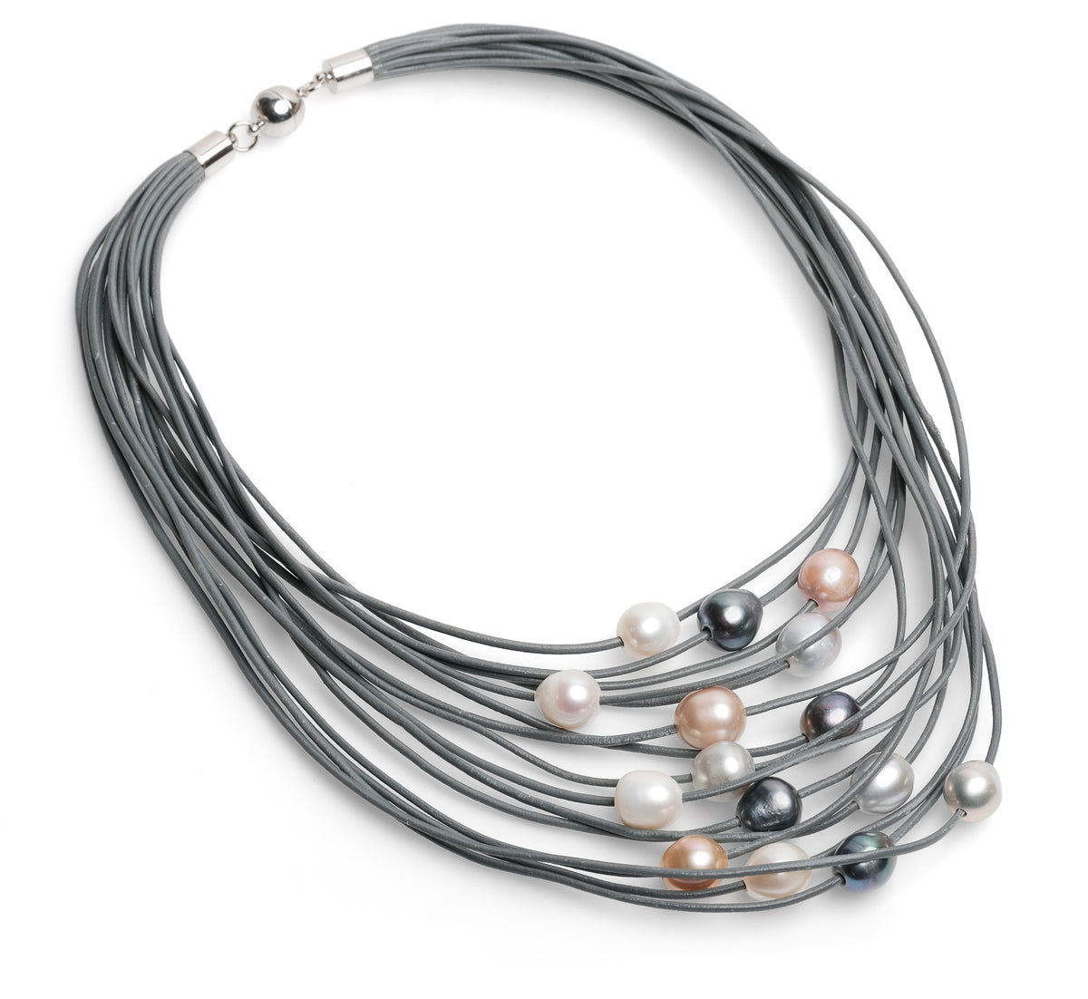 Colier de 15 rânduri de piele gri, 15 perle colarate, 11-12mm