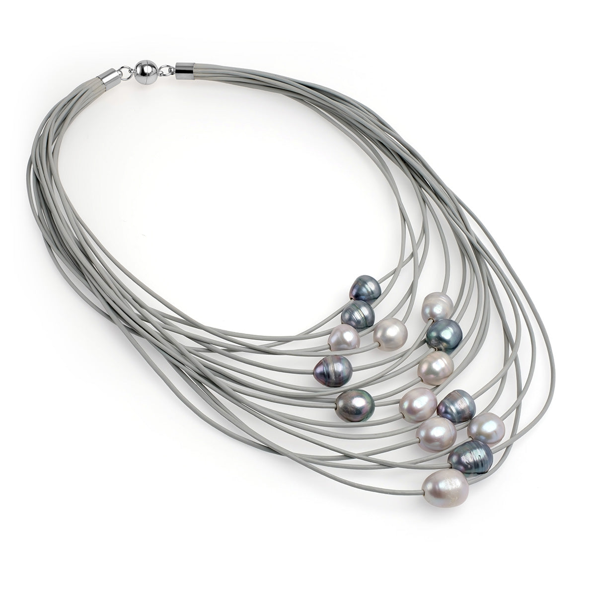 Colier de 15 rânduri de piele gri desschis, 15 perle gri și negre, 11-12mm