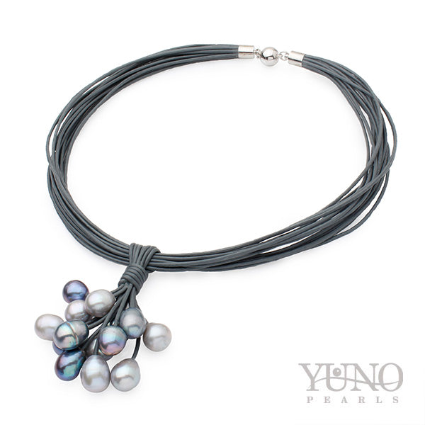 Colier 15 rânduri de piele, 14 perle colorate, 11-12mm, Lungime 46cm.