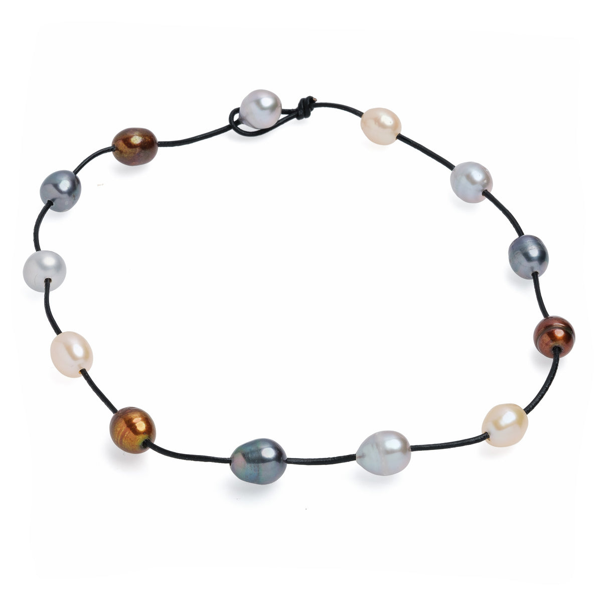 Colier din piele neagră, perle colorate, 11-12 mm, lungime 44cm
