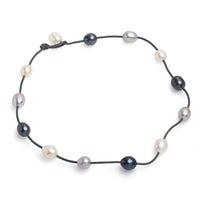 Colier din piele neagră, perle 12053 colorate, 11-12 mm, lungime 44cm