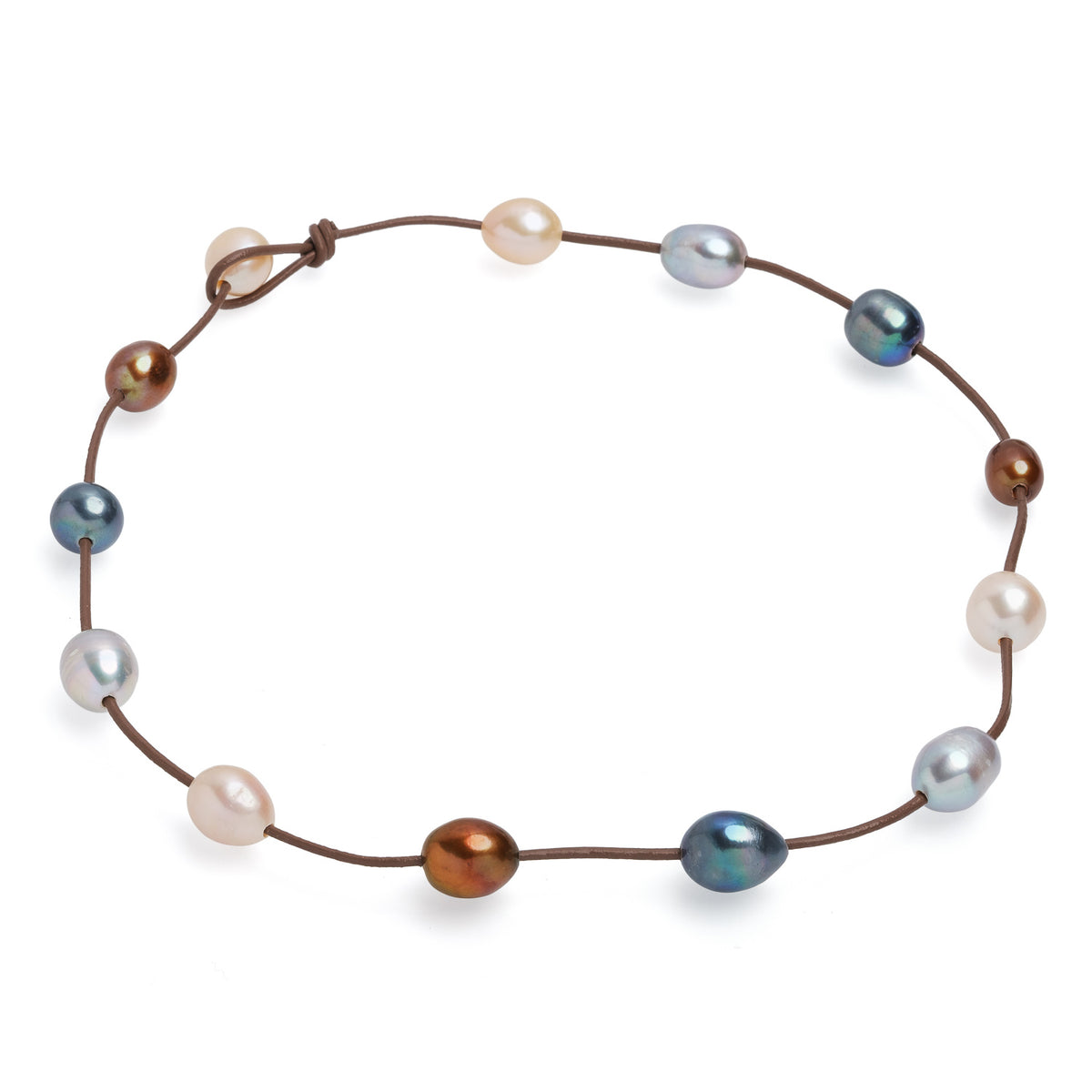 Colier din piele bej, perle colorate, 11-12 mm, lungime 44cm