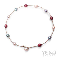 Colier din piele bej, perle colorate, 11-12mm, 44cm