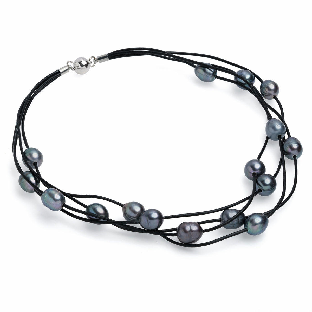 Colier 4 randuri de piele neagră cu perle de cultura culoare inchisă 11-12mm