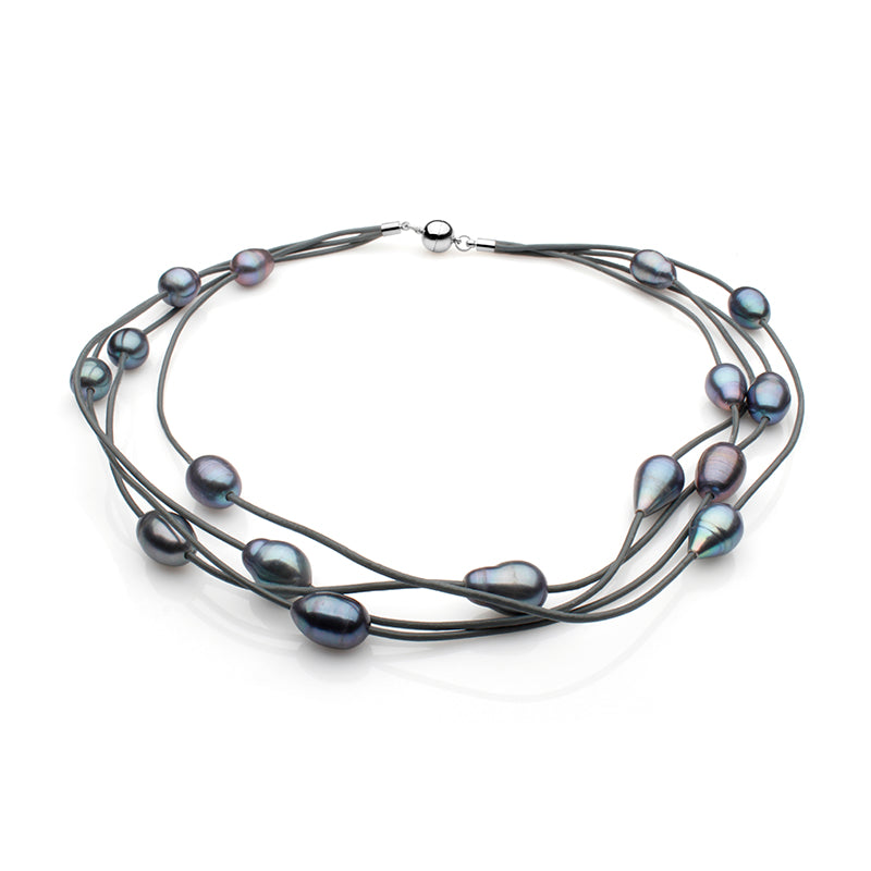Colier din piele, perle mix colorate, 11-12mm