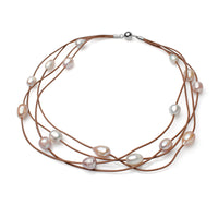 Colier din piele, perle de cultură mixte, 11-12mm, lungime 48 cm