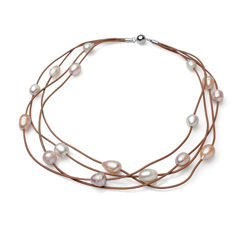 Colier din piele, perle de cultură mixte, 11-12mm, lungime 48 cm