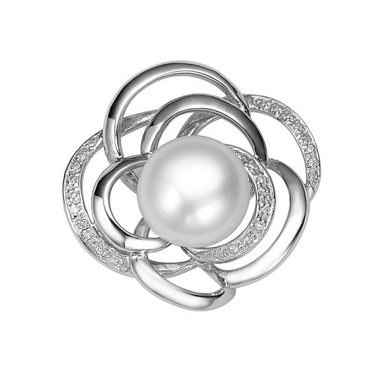 Broşă din argint 925, perlă albă, 12-12.5mm, zirconii