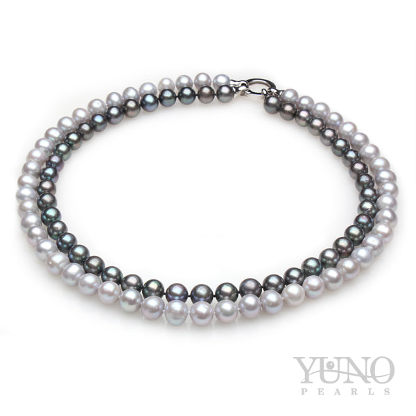 Colier cu 1 rând de perle albe și 1 rând de perle închise la culoare, 11-12mm