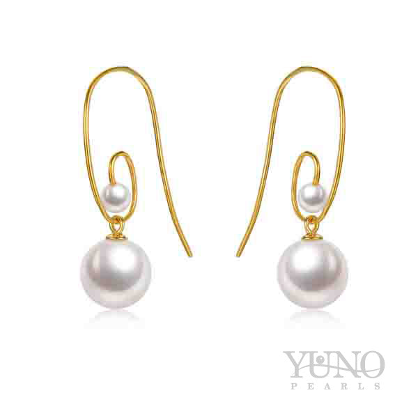 Cercei cu aur 14K, perle albe, 4-5mm, 8-9mm
