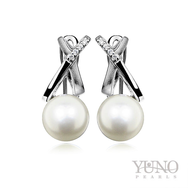Cercei din argint 925, perle albe, 8-9mm