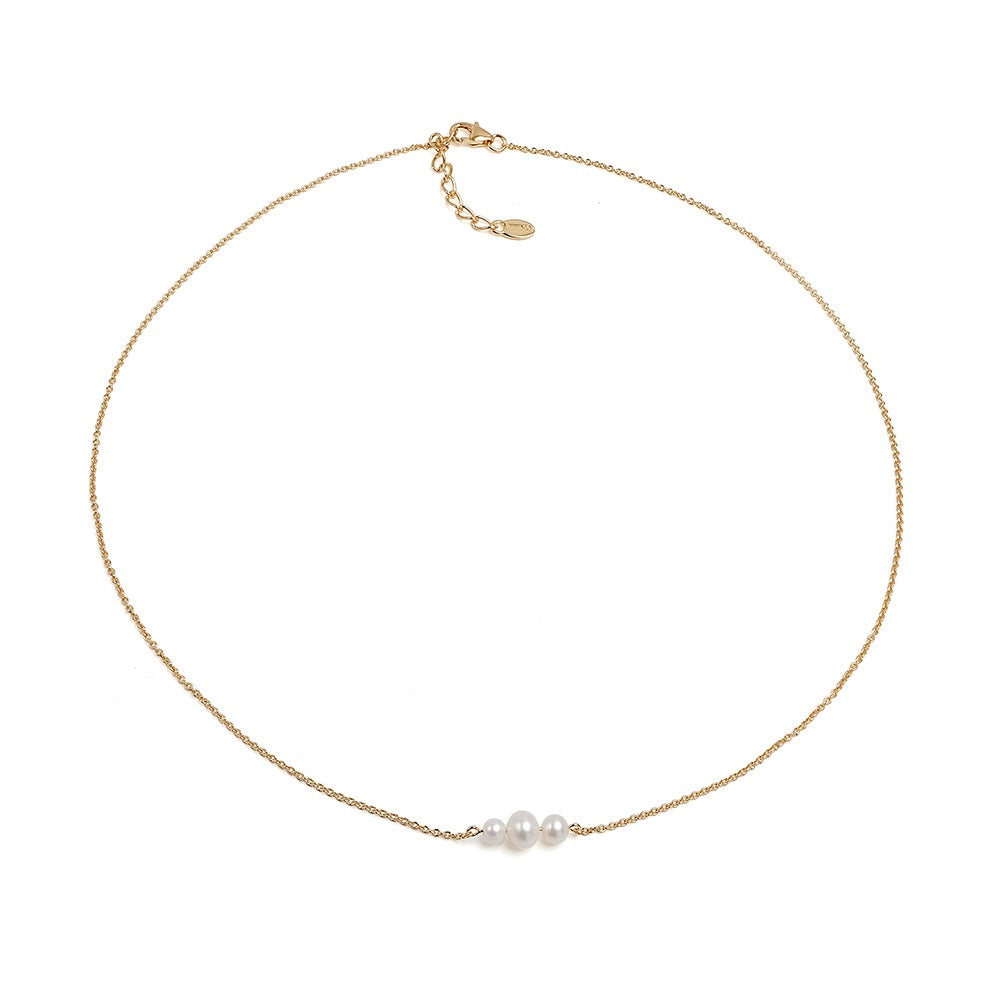 Colier argint  925 placat cu aur galben, 3 perle albe  3.5-5.5mm, lungime  42+3 cm