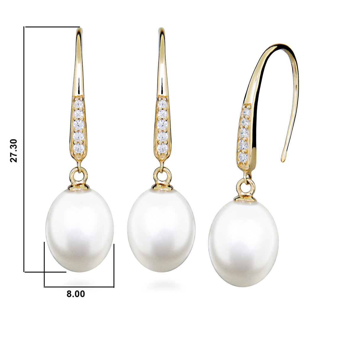 Cercei aur galben 9K, perlă de cultură albă sferă aprox 8-8.5mm, cârlig