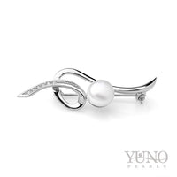 Broşă argintie, perlă de cultură albă 8-9mm, zirconiu