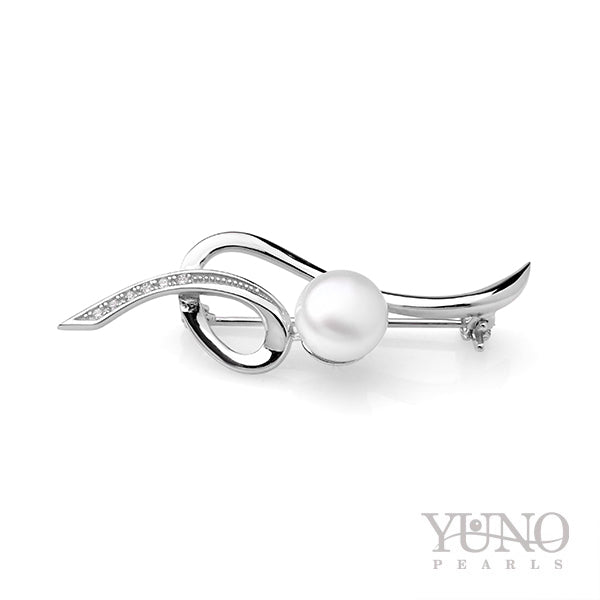 Broşă argintie, perlă de cultură albă 8-9mm, zirconiu