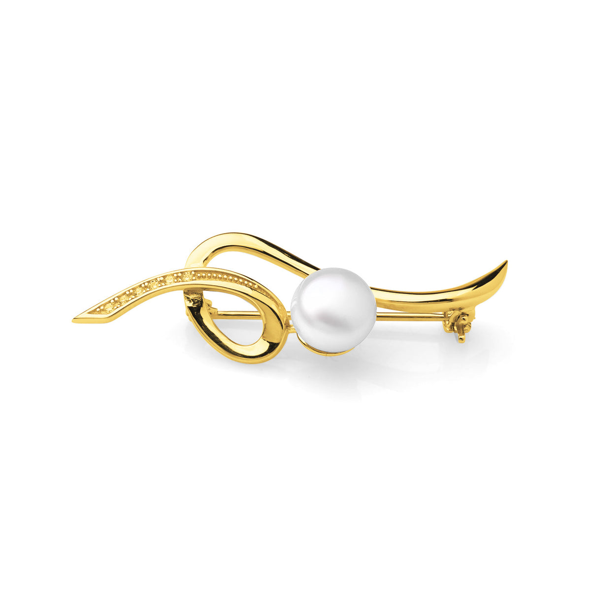 Broşă argintie placată cu aur galben 18K, perlă de cultură albă 8-9mm.