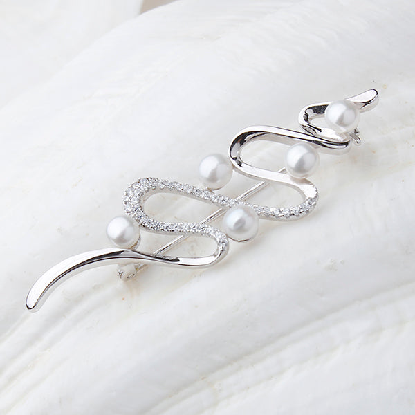 Broşă din argint 925, perle de cultură albe, 4-5mm, zirconii