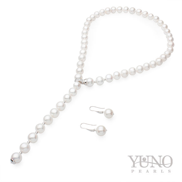 Set de colier și cercei, perle albe, 9-10 mm, 63 cm