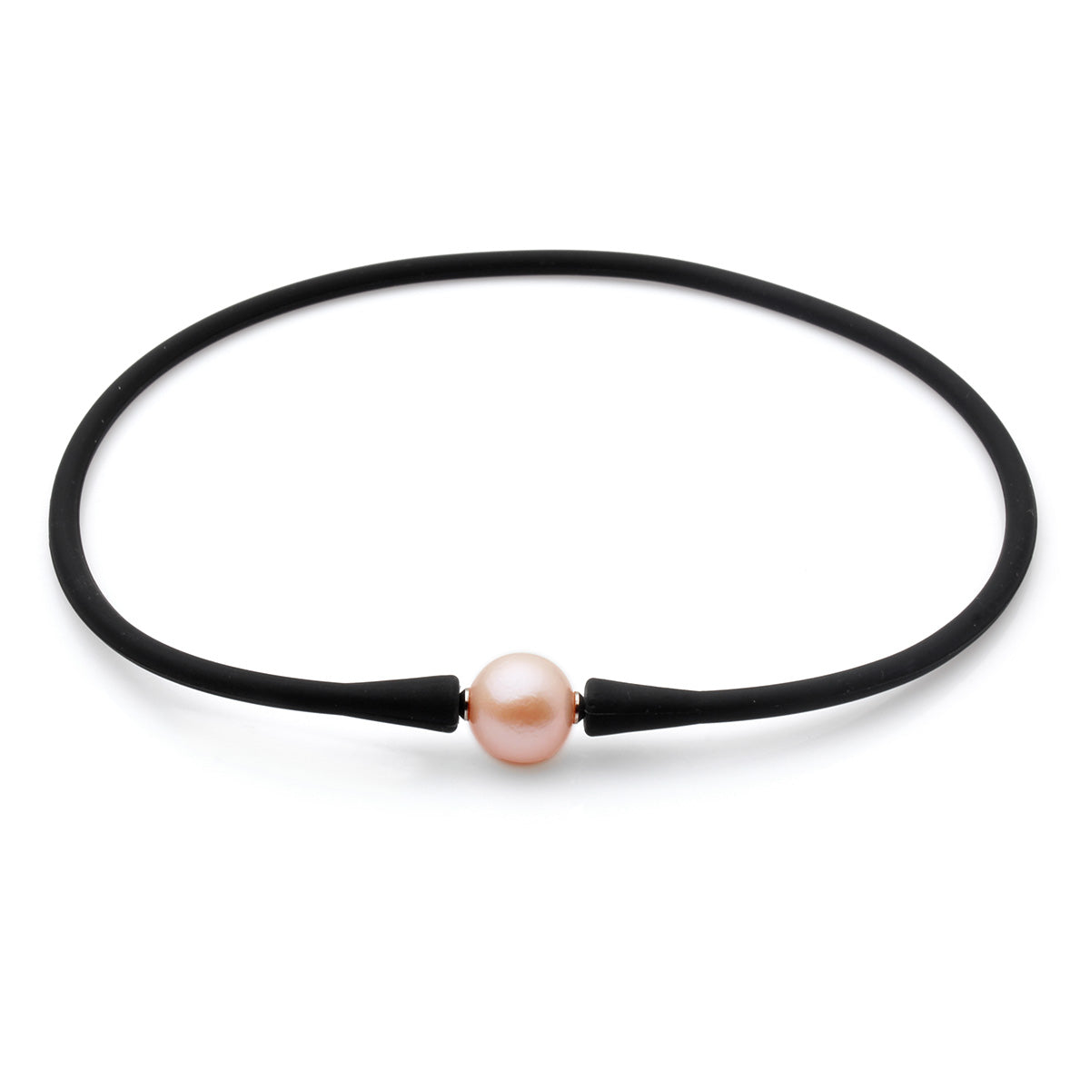 Colier din silicon negru, perlă roz, 14-15mm, 47cm