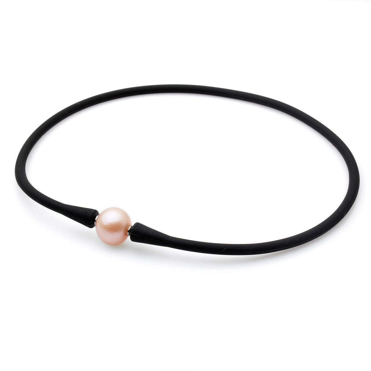 Colier din silicon negru, perlă roz, 14-15mm, 47cm