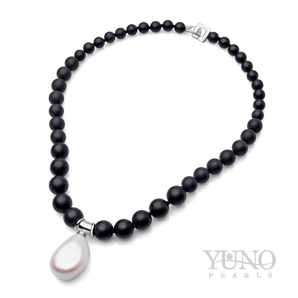 Colier cu Perlă Baroc Albă 20mm și Onix Mat