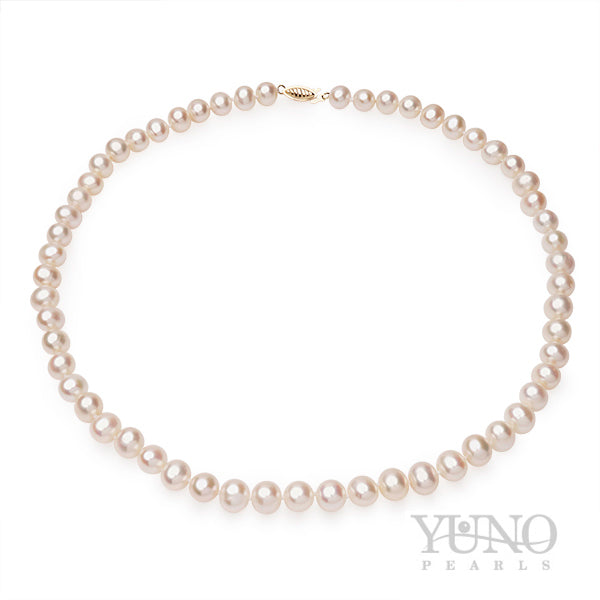 Colier cu perle albe, 7-8mm, încuietoare din aur 14K, 44-45cm