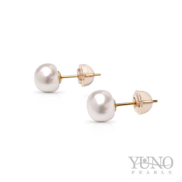 Cercei din aur 14K, perle albe plate, 7-8mm