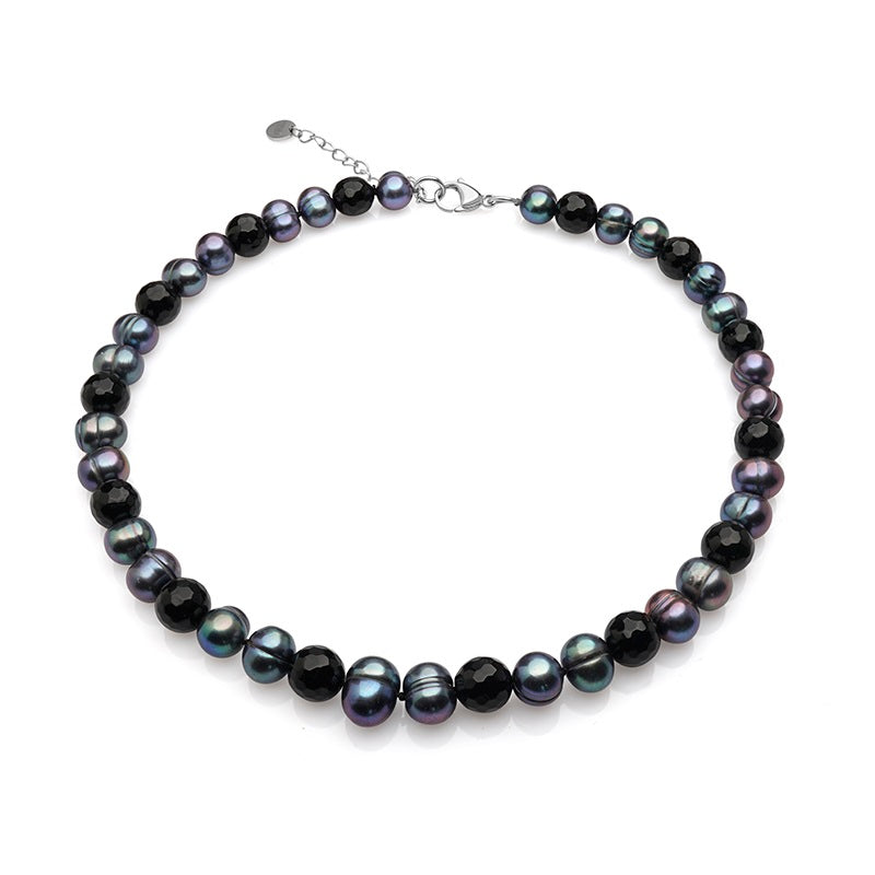 Colier perle de cultură albe bob de orez 3 mm, argint placat cu aur galben, zirconiu bleumarin, lungime 40+3cm