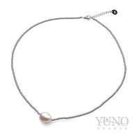 Colier cu perlă albă Edison 9-10mm și hematit, lungime 44cm