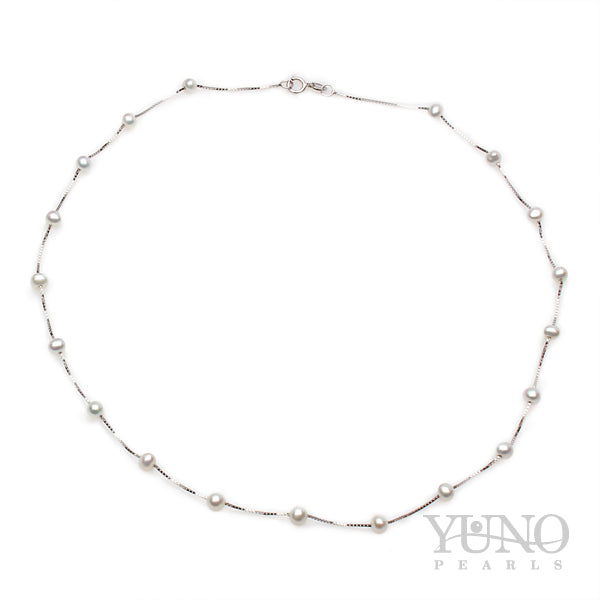 Colier argintiu perle de cultură albe 3-4mm, lungime 43cm