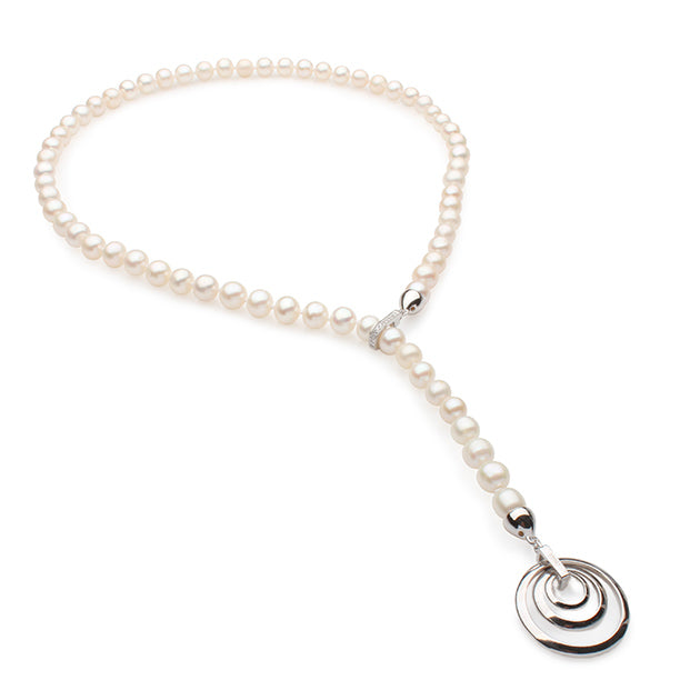 Colier cu perle albe, 7-8mm, pandantiv argint 925 cu zirconiu, lungime 55cm