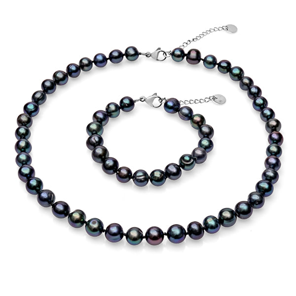 Set colier și brățară cu perle negre 8-9mm