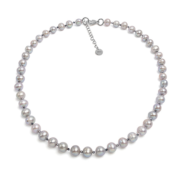 Colier perle de cultură gri 8-9mm și globuri facetate, lungime 41+5cm