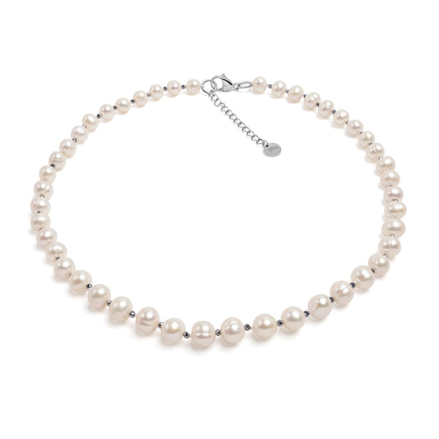 Colier perle  de cultură albe 8-9mm și globuri facetate, lungime 41+5cm