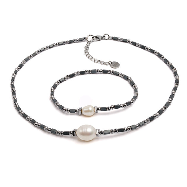Colier perlă de cultură albă, 10-14mm și hematit, lungime 40+5cm