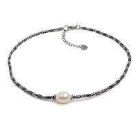 Colier perlă de cultură albă, 10-14mm și hematit, lungime 40+5cm
