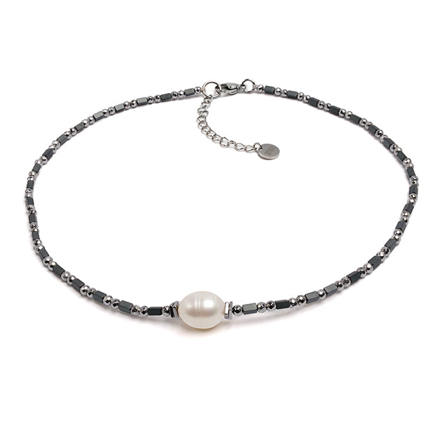 Colier perlă de cultură albă, 10-14mm și hematit, lungime 40+5cm