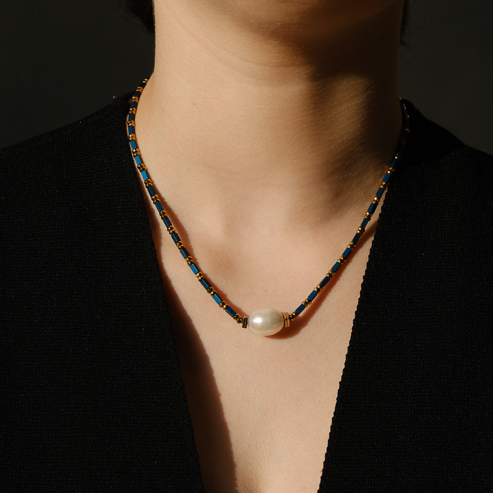 Colier perla de cultură albă, 10-14mm, hematit  albastru, lungime 40+5cm