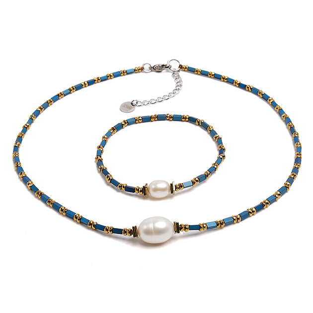 Colier perla de cultură albă, 10-14mm, hematit  albastru, lungime 40+5cm