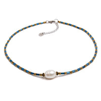 Colier perla de cultură albă, 10-14mm, hematit  albastru, lungime 40+5cm