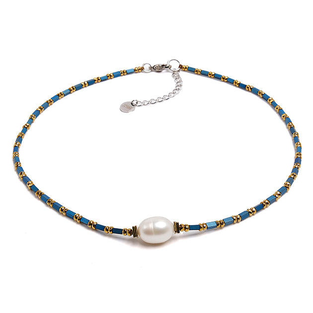 Colier perla de cultură albă, 10-14mm, hematit  albastru, lungime 40+5cm