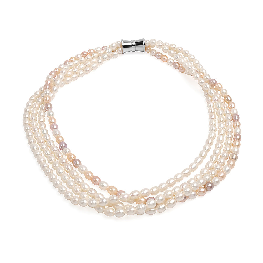 Colier pe 3 rânduri perle albe și 1 rând perle multicolor 5-6mm, închizătoare oțel, lungime  51 cm