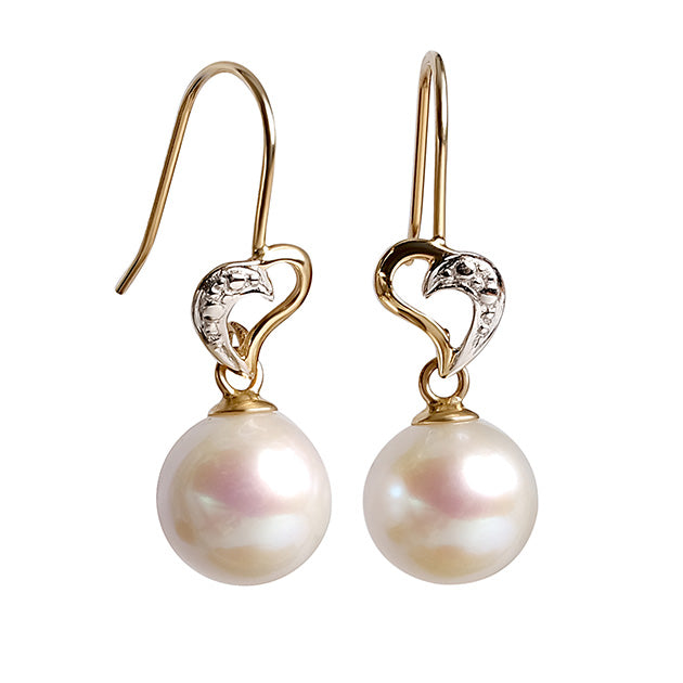Cercei aur galben 18K, perle albe 8mm