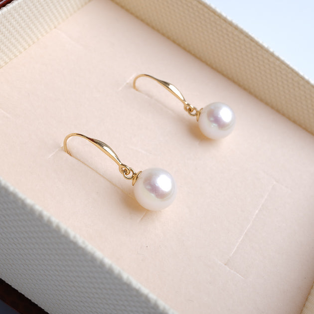 Cercei aur galben 18K, perle albe 8mm