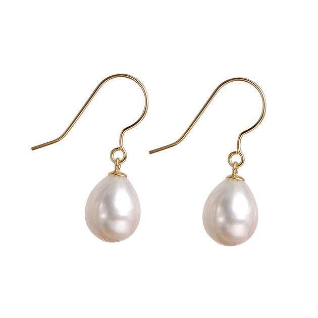 Cercei din aur galben 18K, perle albe 9-12mm