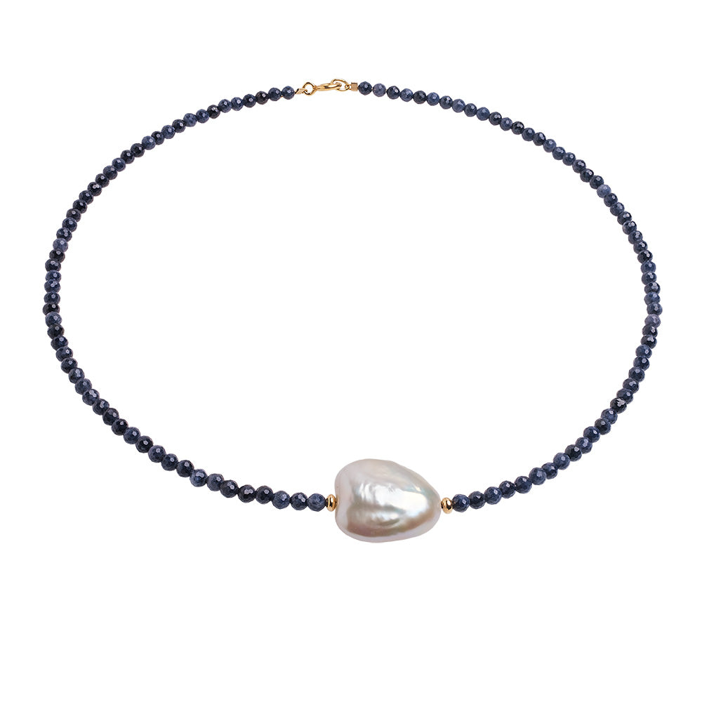 Colier perlă barocă și safir de 3.5-4mm, lungime 43cm