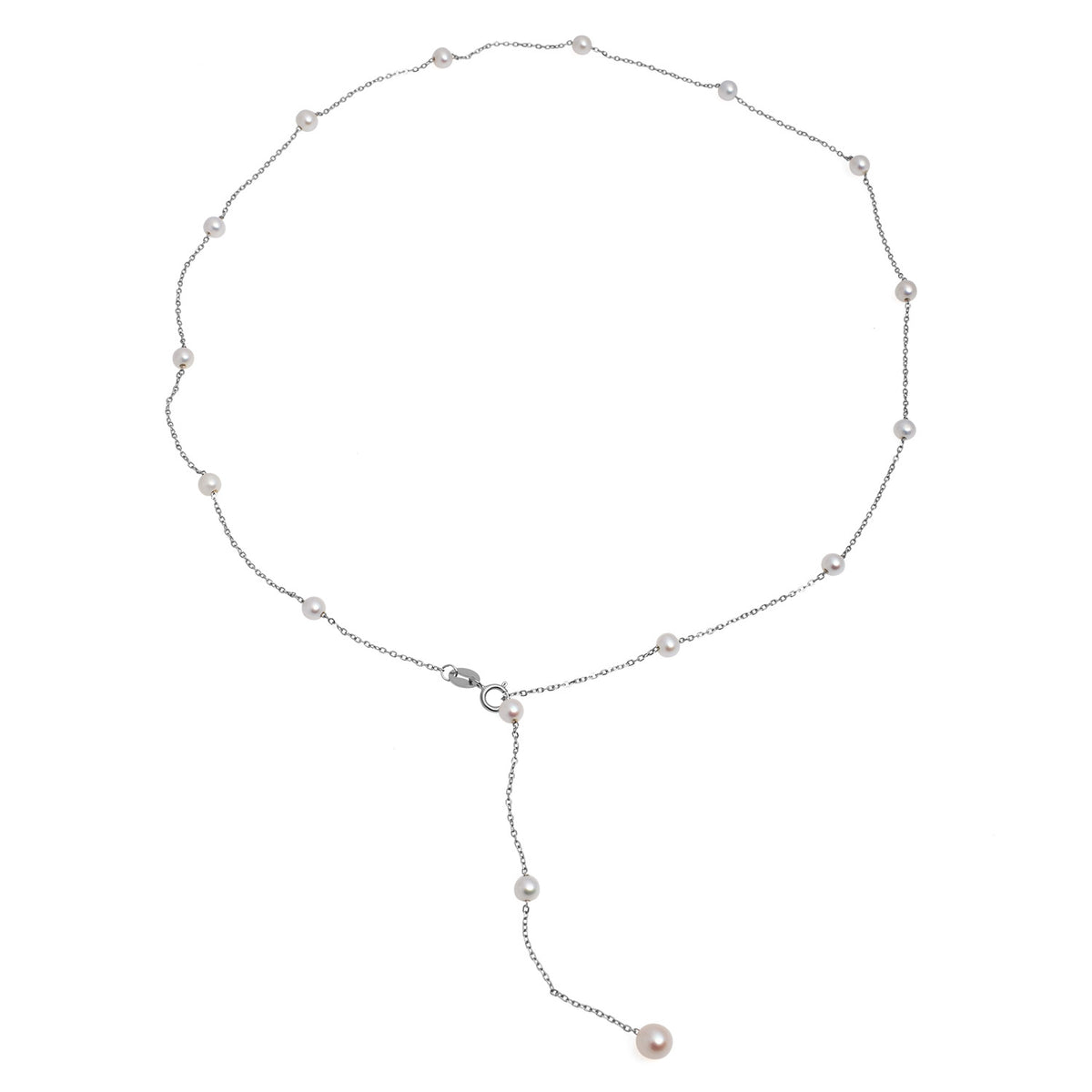 Șirag perle de cultură albe sfere 3-4mm, lănțișor și închizătoare argint rodiat, lungime 55cm.